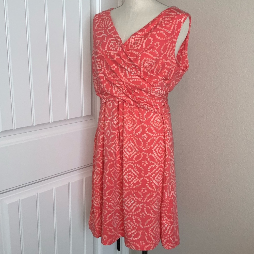 Lands' End Fit and Flare Midi Dress XL Coral Geometric Print Sleeveless